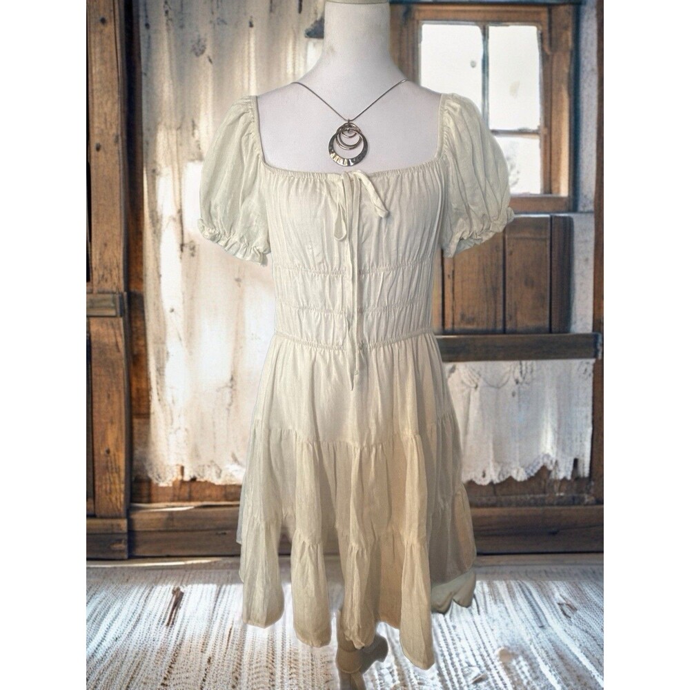Milkmaid Dress Size Medium Tiered White Puff Sleeve cottagecore Boho Coquette